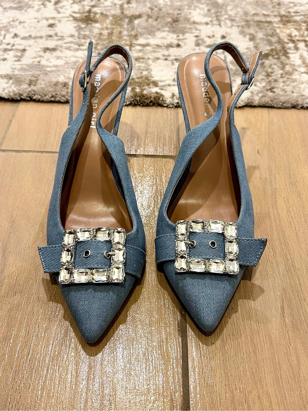 Madden Girl Chacha Blue Denim Rhinestone Buckle Slingback Heels